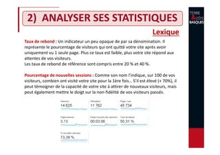 2) ANALYSER SES STATISTIQUES
Lexique
Taux de rebond : Un indicateur un peu opaque de par sa dénomination. Il
représente le pourcentage de visiteurs qui ont quitté votre site après avoir
uniquement vu 1 seule page. Plus ce taux est faible, plus votre site répond aux
attentes de vos visiteurs.
Les taux de rebond de référence sont compris entre 20 % et 40 %.
Pourcentage de nouvelles sessions : Comme son nom l’indique, sur 100 de vos
visiteurs, combien ont visité votre site pour la 1ère fois… S’il est élevé (+ 70%), il
peut témoigner de la capacité de votre site à attirer de nouveaux visiteurs, mais
peut également mettre le doigt sur la non-fidélité de vos visiteurs passés.
 