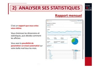 2) ANALYSER SES STATISTIQUES
Rapport mensuel
C’est un rapport que vous créez
vous-même.
Vous choisissez les dimensions et
statistiques, puis décidez comment
les afficher.
Vous avez la possibilité de
paramétrer un envoi automatisé sur
votre boîte mail tous les mois.
 