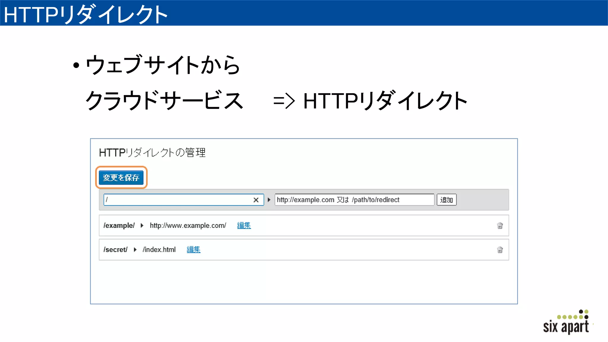 HTTPリダイレクト
• ウェブサイトから
クラウドサービス => HTTPリダイレクト
 