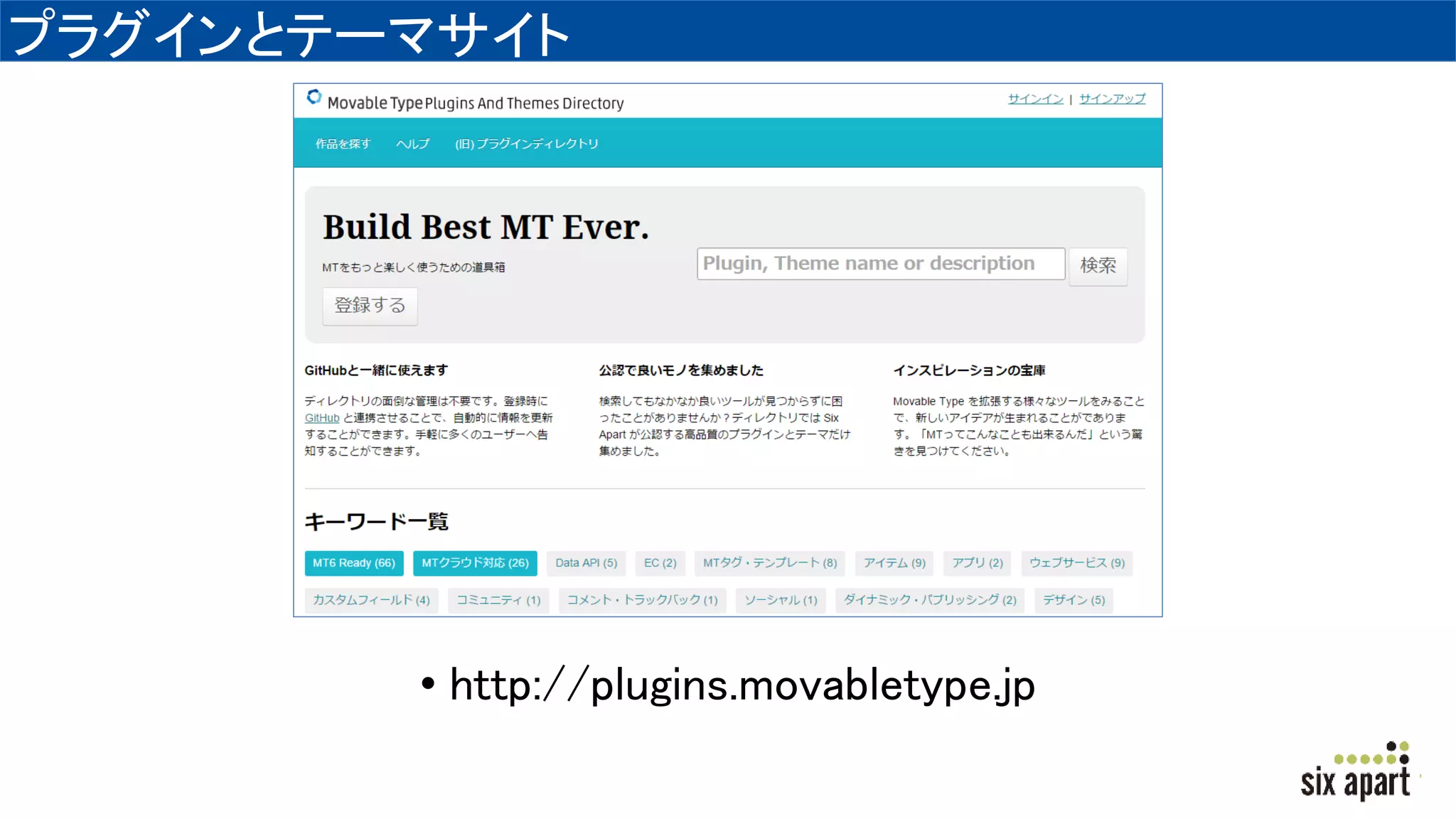プラグインとテーマサイト
• http://plugins.movabletype.jp
 