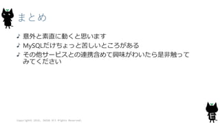 まとめ
意外と素直に動くと思います
MySQLだけちょっと苦しいところがある
その他サービスとの連携含めて興味がわいたら是非触って
みてください
Copyright© 2016, JAZUG All Rights Reserved.
 