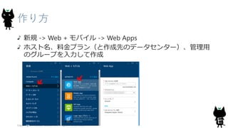 作り方
新規 -> Web + モバイル -> Web Apps
ホスト名、料金プラン（と作成先のデータセンター）、管理用
のグループを入力して作成
Copyright© 2016, JAZUG All Rights Reserved.
 