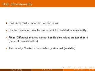 High dimensionality
CVA is especially important for portfolios
Due to correlation, risk factors cannot be modeled independently
Finite Diﬀerence method cannot handle dimensions greater than 4
(curse of dimensionality)
That is why Monte Carlo is industry standard (scalable)
de Graaf (2016) Eﬃcient CVA December 2015 11 / 33
 