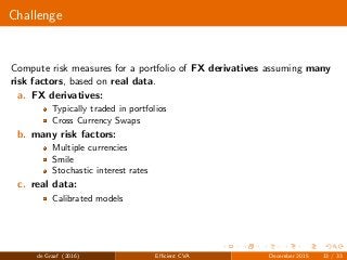 Challenge
Compute risk measures for a portfolio of FX derivatives assuming many
risk factors, based on real data.
a. FX derivatives:
Typically traded in portfolios
Cross Currency Swaps
b. many risk factors:
Multiple currencies
Smile
Stochastic interest rates
c. real data:
Calibrated models
de Graaf (2016) Eﬃcient CVA December 2015 13 / 33
 