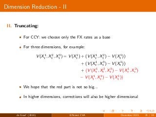 Dimension Reduction - II
II. Truncating:
For CCY: we choose only the FX rates as a base
For three dimensions, for example:
V (X1
t , X2
t , X3
t ) = V (X1
t ) + (V (X1
t , X2
t ) − V (X1
t ))
+ (V (X1
t , X3
t ) − V (X1
t ))
+ V (X1
t , X2
t , X3
t ) − V (X1
t , X2
t )
− V (X1
t , X3
t ) − V (X1
t )
We hope that the red part is not so big...
In higher dimensions, corrections will also be higher dimensional
de Graaf (2016) Eﬃcient CVA December 2015 21 / 33
 