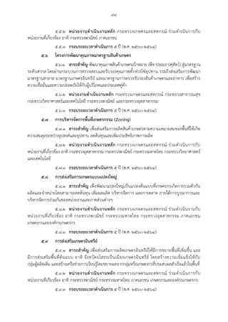 ๙๙
๕.๕.๒ หน่วยงานดาเนินงานหลัก กระทรวงเกษตรและสหกรณ์ ร่วมดาเนินการกับ
หน่วยงานที่เกี่ยวข้อง อาทิ กระทรวงพาณิชย์ ภาคเอกชน
๕.๕.๓ กรอบระยะเวลาดาเนินการ ๕ ปี (พ.ศ. ๒๕๖๐-๒๕๖๔)
๕.๖ โครงการพัฒนาคุณภาพมาตรฐานสินค้าเกษตร
๕.๖.๑ สาระสาคัญ พัฒนาคุณภาพสินค้าเกษตรเปูาหมาย (พืช ประมง ปศุสัตว์) สู่มาตรฐาน
ระดับสากล โดยผ่านกระบวนการตรวจสอบและรับรองคุณภาพทั้งห่วงโซ่อุปทาน รวมถึงส่งเสริมการพัฒนา
มาตรฐานฮาลาล มาตรฐานเกษตรอินทรีย์ และมาตรฐานการตรวจรับรองสินค้าเกษตรและอาหาร เพื่อสร้าง
ความเชื่อมั่นและความปลอดภัยให้กับผู้บริโภคและประเทศคู่ค้า
๕.๖.๒ หน่วยงานดาเนินงานหลัก กระทรวงเกษตรและสหกรณ์ กระทรวงสาธารณสุข
กระทรวงวิทยาศาสตร์และเทคโนโลยี กระทรวงพาณิชย์ และกระทรวงอุตสาหกรรม
๕.๖.๓ กรอบระยะเวลาดาเนินการ ๕ ปี (พ.ศ. ๒๕๖๐-๒๕๖๔)
๕.๗ การบริหารจัดการพื้นที่เกษตรกรรม (Zoning)
๕.๗.๑ สาระสาคัญ เพื่อส่งเสริมการผลิตสินค้าเกษตรตามความเหมาะสมของพื้นที่ให้เกิด
ความสมดุลระหว่างอุปสงค์และอุปทาน ลดต้นทุนและเพิ่มประสิทธิภาพการผลิต
๕.๗.๒ หน่วยงานดาเนินงานหลัก กระทรวงเกษตรและสหกรณ์ ร่วมดาเนินการกับ
หน่วยงานที่เกี่ยวข้อง อาทิ กระทรวงอุตสาหกรรม กระทรวงพาณิชย์ กระทรวงมหาดไทย กระทรวงวิทยาศาสตร์
และเทคโนโลยี
๕.๗.๓ กรอบระยะเวลาดาเนินการ ๕ ปี (พ.ศ. ๒๕๖๐-๒๕๖๔)
๕.๘ การส่งเสริมการเกษตรแบบแปลงใหญ่
๕.๘.๑ สาระสาคัญ เพื่อพัฒนาแปลงใหญ่เป็นแปลงต้นแบบที่เกษตรกรเกิดการรวมตัวกัน
ผลิตและจาหน่ายโดยสามารถลดต้นทุน เพิ่มผลผลิต บริหารจัดการ และการตลาด ภายใต้การบูรณาการและ
บริหารจัดการร่วมกันของหน่วยงานและภาคส่วนต่างๆ
๕.๘.๒ หน่วยงานดาเนินงานหลัก กระทรวงเกษตรและสหกรณ์ ร่วมดาเนินงานกับ
หน่วยงานที่เกี่ยวข้อง อาทิ กระทรวงพาณิชย์ กระทรวงมหาดไทย กระทรวงอุตสาหกรรม ภาคเอกชน
เกษตรกรและองค์กรเกษตรกร
๕.๘.๓ กรอบระยะเวลาดาเนินการ ๕ ปี (พ.ศ. ๒๕๖๐-๒๕๖๔)
๕.๙ การส่งเสริมเกษตรอินทรีย์
๕.๙.๑ สาระสาคัญ เพื่อส่งเสริมการผลิตเกษตรอินทรีย์ให้มีการขยายพื้นที่เพิ่มขึ้น และ
มีการส่งเสริมพื้นที่ต้นแบบ อาทิ จังหวัดยโสธรเป็นเมืองเกษตรอินทรีย์ โดยสร้างความเข้มแข็งให้กับ
กลุ่มผู้ผลิตเดิม และสร้างเครือข่ายการเรียนรู้โดยขยายผลจากกลุ่มหรือเกษตรกรที่ประสบผลสาเร็จแล้วในพื้นที่
๕.๙.๒ หน่วยงานดาเนินงานหลัก กระทรวงเกษตรและสหกรณ์ ร่วมดาเนินการกับ
หน่วยงานที่เกี่ยวข้อง อาทิ กระทรวงพาณิชย์ กระทรวงมหาดไทย ภาคเอกชน เกษตรกรและองค์กรเกษตรกร
๕.๙.๓ กรอบระยะเวลาดาเนินการ ๕ ปี (พ.ศ. ๒๕๖๐-๒๕๖๔)
 