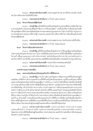 ๑๐๒
๕.๑๗.๒ หน่วยงานดาเนินงานหลัก กระทรวงอุตสาหกรรม สถาบันไทย-เยอรมัน ร่วมกับ
สถาบันการศึกษา/สถาบันวิจัยที่เกี่ยวข้อง
๕.๑๗.๓ กรอบระยะเวลาดาเนินการ ๓ ปี (พ.ศ. ๒๕๖๐-๒๕๖๒)
๕.๑๘ โครงการไทยแลนด์ฟู้ดวัลเลย์
๕.๑๘.๑ สาระสาคัญ ผลักดันให้ประเทศไทยเป็นศูนย์กลางของเอเชียในการผลิตนวัตกรรม
อาหารและสินค้าเกษตรแปรรูปที่มีมูลค่าเพิ่มจากการวิจัยและพัฒนา รวมทั้งส่งเสริมการเชื่อมโยงธุรกิจเพื่อ
สร้างและพัฒนาเครือข่ายของคลัสเตอร์อุตสาหกรรมเกษตรแปรรูปและอาหาร โดยวางกลไกในการบูรณาการ
ความร่วมมือระหว่างหน่วยงานทั้งภาครัฐ ภาคเอกชน และสถาบันการศึกษา/วิจัย ในการขับเคลื่อนยุทธศาสตร์
ไทยแลนด์ฟููดวัลเลย์
๕.๑๘.๒ หน่วยงานดาเนินงานหลัก กระทรวงอุตสาหกรรม ร่วมกับหน่วยงานที่เกี่ยวข้อง
๕.๑๘.๓ กรอบระยะเวลาดาเนินการ ๖ ปี (พ.ศ. ๒๕๕๙-๒๕๖๔)
๕.๑๙ โครงการเมืองนวัตกรรมอาหาร
๕.๑๙.๑ สาระสาคัญ เพื่อให้ประเทศไทยเป็นศูนย์กลางการวิจัยและพัฒนาเทคโนโลยีและ
นวัตกรรมสาหรับอุตสาหกรรมอาหาร โดยการจัดตั้งเมืองนวัตกรรมอาหารให้เป็นพื้นที่ที่มีความพร้อมด้าน
โครงสร้างพื้นฐานและบุคลากรด้านวิทยาศาสตร์ เทคโนโลยีและนวัตกรรม มีความร่วมมือระหว่าง
สถาบันการศึกษา สถาบันวิจัย และภาคเอกชน และมีสิทธิประโยชน์ส่งเสริมการลงทุนในกิจการฐานนวัตกรรม
๕.๑๙.๒ หน่วยงานดาเนินงานหลัก กระทรวงวิทยาศาสตร์และเทคโนโลยี
๕.๑๙.๓ กรอบระยะเวลาดาเนินการ ๕ ปี (พ.ศ. ๒๕๖๐-๒๕๖๔)
ภาคบริการและการท่องเที่ยว
๕.๒๐ แผนงานส่งเสริมและสนับสนุนธุรกิจบริการที่มีศักยภาพ
๕.๒๐.๑ สาระสาคัญ ภาคบริการมีความสาคัญต่อการพัฒนาประเทศทั้งในเชิงเศรษฐกิจ
และสังคม ก่อให้เกิดการจ้างงานและสร้างรายได้ให้กับคนในท้องถิ่นและชุมชน รวมทั้งยกระดับคุณภาพชีวิต
และความเป็นอยู่ของคนไทย โดยในช่วงแผนพัฒนาฯ ฉบับที่ ๑๑ ภาคบริการเติบโตขึ้นอย่างต่อเนื่อง ดังเห็นได้
จากการขยายตัวของรายได้ภาคบริการที่เพิ่มขึ้นในช่วงเวลาดังกล่าว และมีธุรกิจบริการหลายสาขาที่เติบโตขึ้น
อย่างมีนัยสาคัญ อาทิ ธุรกิจบริการทางการเงิน การบริการสุขภาพ การจัดประชุมและนิทรรศการนานาชาติ
(MICE) การศึกษานานาชาติ ธุรกิจภาพยนตร์ ธุรกิจบริการดิจิทัล และธุรกิจบริการขนส่งและโลจิสติกส์ ซึ่งเป็น
ผลจากการที่ธุรกิจบริการสามารถตอบสนองต่อความต้องการของตลาด ผู้ประกอบการมีความเข้มแข็งและ
มีศักยภาพในการแข่งขัน ทาให้ธุรกิจบริการสาขาดังกล่าวมีแนวโน้มที่จะเติบโตต่อไปในช่วงแผนพัฒนาฯ
ฉบับที่ ๑๒ ด้วยเหตุนี้ การส่งเสริมและสนับสนุนธุรกิจบริการที่มีศักยภาพจึงมีความสาคัญเพื่อเสริมสร้าง
ศักยภาพให้กับผู้ประกอบการเพื่อให้สามารถแข่งขันได้ในบริบทการเปลี่ยนแปลงที่เกิดขึ้นอย่างเป็นพลวัต และ
มีศักยภาพในการขยายตลาดไปสู่ประเทศคู่ค้าและตลาดศักยภาพใหม่ที่สาคัญของไทย
๕.๒๐.๒ หน่วยงานดาเนินงานหลัก กระทรวงพาณิชย์ กระทรวงสาธารณสุข
กระทรวงศึกษาธิการ กระทรวงการคลัง กระทรวงการท่องเที่ยวและกีฬา กระทรวงมหาดไทย กระทรวง
วัฒนธรรม กระทรวงดิจิทัลเพื่อเศรษฐกิจและสังคม กระทรวงคมนาคม และสานักงานส่งเสริมการจัดประชุมและ
นิทรรศการ (องค์การมหาชน)
๕.๒๐.๓ กรอบระยะเวลาดาเนินการ ๕ ปี (พ.ศ. ๒๕๖๐ – ๒๕๖๔)
 
