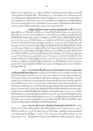 ๔๑
สัดส่วนการว่างงานสูงถึงร้อยละ ๖๐ ของผู้ว่างงานทั้งหมด ขณะที่ตลาดแรงงานมีความต้องการแรงงานที่มี
การศึกษาระดับต่ากว่ามัธยมศึกษาปีที่ ๖ มีมากถึงร้อยละ ๖๔ ของความต้องการแรงงานทั้งหมด นอกจากนี้
แรงงานมีทักษะและความรู้ไม่สอดคล้องกับความต้องการของผู้ประกอบการ โดยผลการสารวจความต้องการ
แรงงานของผู้ประกอบการในปี ๒๕๕๘ พบว่า แรงงานไทยทั้งที่เป็นแรงงานฝีมือและแรงงานกึ่งฝีมือยังมีทักษะ
ต่ากว่าความคาดหวังของผู้ประกอบการทั้งทักษะด้านภาษาต่างประเทศ การใช้คอมพิวเตอร์ คณิตศาสตร์และ
การคานวณ ทักษะการสื่อสารการบริหารจัดการ และความสามารถเฉพาะในวิชาชีพ
กลุ่มผู้สูงอายุมีปัญหาทางสุขภาพและมีแนวโน้มอยู่คนเดียวมากขึ้น ในปี ๒๕๕๙
ผู้สูงอายุที่มีอายุ ๗๐ ปีขึ้นไปมีจานวนทั้งสิ้น ๔.๖ ล้านคนหรือคิดเป็นสัดส่วนร้อยละ ๔๒.๙ ของประชากร
ผู้สูงอายุทั้งหมด และคาดการณ์ว่าจะเพิ่มขึ้นเป็น ๕.๖ ล้านคนในปี ๒๕๖๔ ซึ่งผู้สูงอายุกลุ่มนี้ส่วนใหญ่เป็น
วัยพึ่งพิงทั้งในเชิงเศรษฐกิจ สังคม และสุขภาพ โดยผู้สูงอายุ ๗๕ ปีขึ้นไป จะมีสภาวะติดเตียงเพิ่มขึ้นเป็นร้อยละ
๒.๖ จากช่วงอายุ ๖๐-๖๔ ปี ที่มีเพียงร้อยละ ๐.๙ ส่งผลต่อภาระค่าใช้จ่ายในการดูแลที่เพิ่มสูงขึ้น ทั้งนี้
มีการคาดการณ์ว่าค่าใช้จ่ายด้านสุขภาพของผู้สูงอายุจะเพิ่มจาก ๖๓,๕๖๕.๑๓ ล้านบาทในปี ๒๕๕๓ เป็น
๒๒๘,๔๘๒.๒๑ ล้านบาท ปี ๒๕๖๕ ขณะเดียวกันผู้สูงอายุอาศัยอยู่ตามลาพังคนเดียวมีสัดส่วนเพิ่มขึ้นจากร้อยละ
๓.๖ ในปี ๒๕๓๗ เป็นร้อยละ ๘.๗ ของผู้สูงอายุทั้งหมด ในปี ๒๕๕๗ โดยส่วนใหญ่มักมีปัญหาด้านสุขภาพทั้ง
ทางจิตและทางกาย รวมทั้งขาดผู้ดูแล สาหรับผู้สูงอายุวัยต้นอายุ ๖๐-๖๙ ปีที่มีสถานะทางสุขภาพดีมีกว่าร้อยละ
๕๙.๙ ซึ่งเป็นช่วงวัยที่ยังสามารถทางานได้ แต่สัดส่วนของการทางานยังไม่สูงมากนัก โดยปี ๒๕๕๗ ผู้สูงอายุวัย
๖๐-๖๔ ปี มีงานทาร้อยละ ๕๙.๒ และกลุ่มวัย ๖๕-๖๙ ปี ร้อยละ ๔๕.๖ ของประชากรในวัยเดียวกัน ยิ่งจะ
ส่งผลต่อรายได้และเงินออมเมื่อเข้าสู่ผู้สูงอายุวัยปลาย นอกจากนี้ ระบบบริการสาธารณะยังไม่ตอบสนอง
ความต้องการของผู้สูงอายุ สะท้อนได้จากผู้สูงอายุเพียงร้อยละ ๗.๒ ที่พึงพอใจในบริการสาธารณะทุกระบบ
และสถานที่สาธารณะส่วนใหญ่ไม่มีการจัดสิ่งอานวยความสะดวกสาหรับผู้สูงอายุ ได้แก่ ทางลาด บันไดมีราว
จับ ห้องสุขาที่ใช้งานได้
๒.๓.๓ ครอบครัวพ่อแม่เลี้ยงเดี่ยวและครอบครัวข้ามรุ่นมีความเปราะบางสูงส่งผลต่อ
การเลี้ยงดูเด็กให้เติบโตอย่างมีคุณภาพ การเปลี่ยนแปลงทางโครงสร้างประชากร เศรษฐกิจ และสังคม ส่งผล
ให้ครอบครัวไทยมีขนาดเล็กลงจาก ๓.๖ คน ในปี ๒๕๔๓ เหลือ ๒.๗ คน ในปี ๒๕๕๗ และมีรูปแบบ
ที่หลากหลายมากขึ้น อาทิ ครอบครัวที่มีเฉพาะคู่สามีภรรยาแต่ไม่มีบุตร ครอบครัวเลี้ยงเดี่ยว ครอบครัว
เพศเดียวกัน ครอบครัวข้ามรุ่น ครอบครัวอยู่คนเดียว ซึ่งครอบครัวเลี้ยงเดี่ยวและครอบครัวข้ามรุ่นถือเป็น
ครอบครัวที่มีความเปราะบางมากกว่าครอบครัวประเภทอื่น โดยในปี ๒๕๕๖ มีครอบครัวเลี้ยงเดี่ยว ๑.๔
ล้านครัวเรือน คิดเป็นร้อยละ ๗.๑ ของครัวเรือนทั้งหมด และส่วนใหญ่จะเป็นครอบครัวแม่เลี้ยงเดี่ยวที่มักมี
ปัญหายากจนและความลาบากในการจัดหาที่อยู่อาศัย อีกทั้งยังต้องรับมือกับทัศนคติในเชิงลบและการตีตรา
ทางสังคม โดยเฉพาะแม่เลี้ยงเดี่ยวที่มีอายุน้อย ขณะที่ครอบครัวข้ามรุ่นมีจานวนมากกว่า ๔๐๐,๐๐๐ ครัวเรือน
หรือคิดเป็นร้อยละ ๒ ของครัวเรือนทั้งหมด และมีเด็กจานวนมากถึง ๑.๒๔ ล้านคนที่อาศัยอยู่ในครอบครัว
ข้ามรุ่น และหัวหน้าครัวเรือนส่วนใหญ่เป็นหญิงสูงอายุ และ ๑ ใน ๕ ของผู้สูงอายุในครอบครัวข้ามรุ่นมีรายได้
ต่ากว่าเส้นความยากจน ส่งผลกระทบต่อพัฒนาการและการศึกษาต่อของเด็ก ทั้งนี้ พบว่าเด็กที่ได้รับการดูแล
โดยปู่ย่าตายายที่สูงอายุมีผลการเรียนที่ด้อยกว่าเด็กที่อาศัยอยู่กับพ่อแม่
๒.๓.๔ คุณภาพการศึกษาและการเรียนรู้ของคนไทยยังอยู่ในระดับค่อนข้างต่า คนไทย
ได้รับโอกาสทางการศึกษาสูงขึ้น โดยมีจานวนปีการศึกษาเฉลี่ยของประชากรวัยแรงงานอายุ ๑๕-๕๙ ปี
เพิ่มขึ้นอย่างต่อเนื่องจาก ๘.๘ ปี ในปี ๒๕๕๑ เป็น ๙.๓ ปี ในปี ๒๕๕๘ แต่เมื่อพิจารณาคะแนนผลสัมฤทธิ์
ทางการเรียนของนักเรียนขั้นพื้นฐาน (O-NET) ในปี ๒๕๕๘ พบว่า มีค่าเฉลี่ยต่ากว่าร้อยละ ๕๐ และ
ผลคะแนนสอบ PISA ที่อยู่ในระดับต่ากว่าอีกหลายประเทศที่มีระดับการพัฒนาใกล้เคียงกัน เนื่องจาก
 