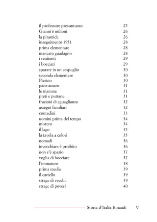 il professore presuntuoso 25
Gianni è milioni 26
la piramide 26
inseguimento 1951 28
prima elementare 28
mancato guadagno 28
i renitenti 29
i bocciati 29
sparare in un cespuglio 30
seconda elementare 30
Pierino 30
pane amaro 31
le mamme 31
preti e puttane 31
frazioni di eguaglianza 32
assegni familiari 32
contadini 33
uomini prima del tempo 34
mistero 34
il lago 35
la tavola a colori 35
nomadi 36
invecchiare è proibito 36
non c’è spazio 37
voglia di bocciare 37
l’immaturo 38
prima media 39
il cartello 39
strage di vecchi 39
strage di poveri 40
Storia d’Italia Einaudi V
 
