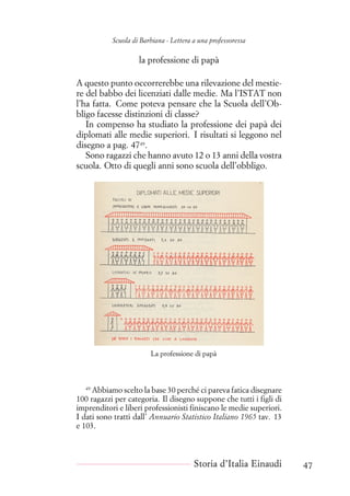 Scuola di Barbiana - Lettera a una professoressa
la professione di papà
A questo punto occorrerebbe una rilevazione del mestie-
re del babbo dei licenziati dalle medie. Ma l’ISTAT non
l’ha fatta. Come poteva pensare che la Scuola dell’Ob-
bligo facesse distinzioni di classe?
In compenso ha studiato la professione dei papà dei
diplomati alle medie superiori. I risultati si leggono nel
disegno a pag. 4749
.
Sono ragazzi che hanno avuto 12 o 13 anni della vostra
scuola. Otto di quegli anni sono scuola dell’obbligo.
La professione di papà
49
Abbiamo scelto la base 30 perché ci pareva fatica disegnare
100 ragazzi per categoria. Il disegno suppone che tutti i figli di
imprenditori e liberi professionisti finiscano le medie superiori.
I dati sono tratti dall’ Annuario Statistico Italiano 1965 tav. 13
e 103.
Storia d’Italia Einaudi 47
 