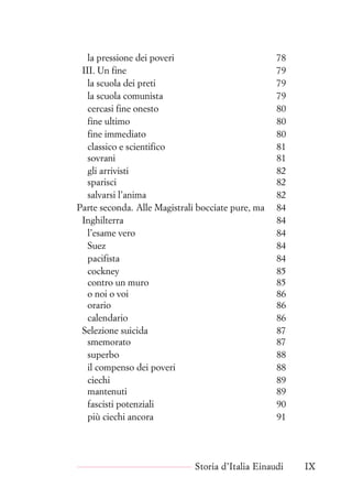 la pressione dei poveri 78
III. Un fine 79
la scuola dei preti 79
la scuola comunista 79
cercasi fine onesto 80
fine ultimo 80
fine immediato 80
classico e scientifico 81
sovrani 81
gli arrivisti 82
sparisci 82
salvarsi l’anima 82
Parte seconda. Alle Magistrali bocciate pure, ma 84
Inghilterra 84
l’esame vero 84
Suez 84
pacifista 84
cockney 85
contro un muro 85
o noi o voi 86
orario 86
calendario 86
Selezione suicida 87
smemorato 87
superbo 88
il compenso dei poveri 88
ciechi 89
mantenuti 89
fascisti potenziali 90
più ciechi ancora 91
Storia d’Italia Einaudi IX
 