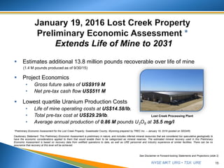 NYSE MKT: URG • TSX: URE
Extends Life of Mine to 2031
 Estimates additional 13.8 million pounds recoverable over life of mine
(1.4 M pounds produced as of 9/30/15)
 Project Economics
• Gross future sales of US$919 M
• Net pre-tax cash flow US$511 M
 Lowest quartile Uranium Production Costs
• Life of mine operating costs at US$14.58/lb.
• Total pre-tax cost at US$29.29/lb.
• Average annual production of 0.86 M pounds U3O8 at 35.5 mg/l
15
See Disclaimer re Forward-looking Statements and Projections (slide 2)
Cautionary Statement: This Preliminary Economic Assessment is preliminary in nature, and includes inferred mineral resources that are considered too speculative geologically to
have the economic considerations applied to them that would enable them to be categorized as mineral reserves. The estimated mineral recovery used in this Preliminary
Economic Assessment is based on recovery data from wellfield operations to date, as well as URE personnel and industry experience at similar facilities. There can be no
assurance that recovery at this level will be achieved.
*Preliminary Economic Assessment for the Lost Creek Property, Sweetwater County, Wyoming prepared by TREC Inc. – January 19, 2016 (posted on SEDAR).
Lost Creek Processing Plant
 
