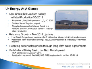 NYSE MKT: URG • TSX: URE 3
See Disclaimer re Forward-looking Statements and Projections (slide 2)
 Lost Creek ISR Uranium Facility
Initiated Production 3Q 2013
• Produced 1,000,000th pound of U308 2Q 2015
• State of the art flagship project
• Results demonstrate that Lost Creek is a
reliable, low cost production center – “steady
state” production
 Resource Growth – Two 2015 Updates
• Lost Creek Property net increase of 4.6 million lbs. Measured & Indicated resource
• Resources from exploration drilling: 139,000lbs Measured & Indicated; 498,000lbs
Inferred
 Realizing better sales prices through long term sales agreements
 Pathfinder - Shirley Basin, our Next Development
• PEA Completed in January 2015
• Application for permit filed 4Q 2015; NRC application to be filed 1Q 2016
 