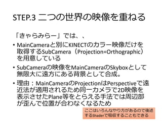 STEP.3 二つの世界の映像を重ねる
「きゃらみらー」では、、
• MainCameraと別にKINECTのカラー映像だけを
取得するSubCamera（Projection=Orthographic）
を用意している
• SubCameraの映像をMainCameraの無限大に遠方
にある背景映像として合成。
• 理由：MainCameraのProjectionはPerspectiveで遠
近法が適用されるため同一カメラで2D映像を
表示させたPlane等をとらえる手法では周辺部
が歪んで位置が合わなくなるため
ここはいろんなやり方があるので後述
するShaderで吸収することもできる
 