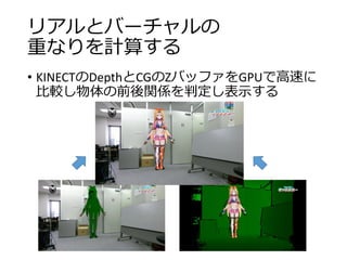 リアルとバーチャルの
重なりを計算する
• KINECTのDepthとCGのZバッファをGPUで高速に
比較し物体の前後関係を判定し表示する
 