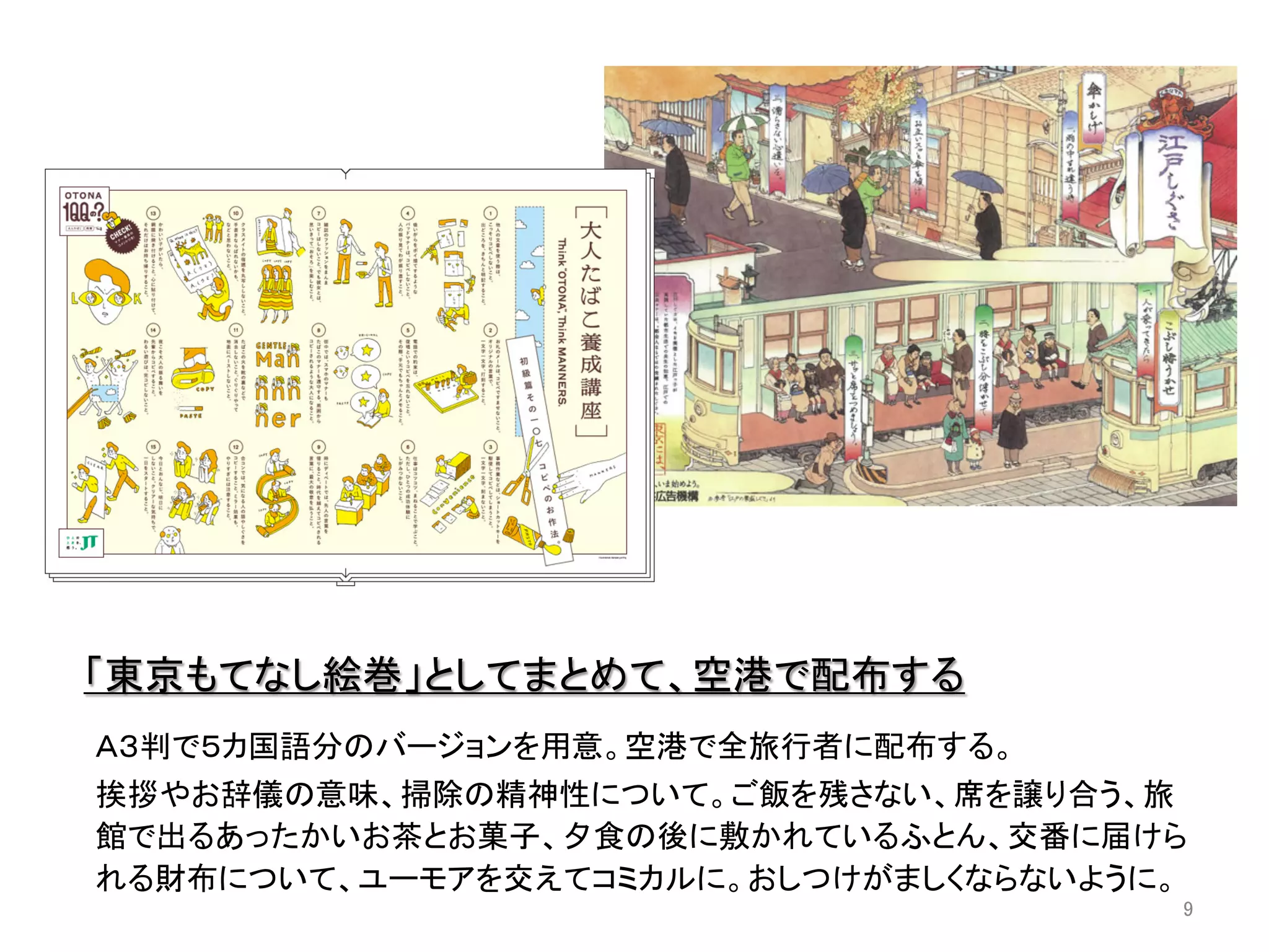 「東京もてなし絵巻」としてまとめて、空港で配布する	
Ａ３判で５カ国語分のバージョンを用意。空港で全旅行者に配布する。	
  
挨拶やお辞儀の意味、掃除の精神性について。ご飯を残さない、席を譲り合う、旅
館で出るあったかいお茶とお菓子、夕食の後に敷かれているふとん、交番に届けら
れる財布について、ユーモアを交えてコミカルに。おしつけがましくならないように。	
  
	
  
9	
 