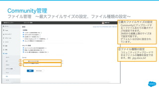 Community管理
​ ファイル管理 ∼最大ファイルサイズの設定、ファイル種類の設定∼
①
①最大ファイルサイズの設定
Communityにアップロードす
る１ファイルあたりの最大サイ
ズを設定できます。
3MBから組織上限のサイズま
で設定可能です。
デフォルトは2GBに設定され
ています。
②ファイル種類の設定
コミュニティにアップロードで
きるファイルの種類を設定でき
ます。例）jpg,docx,txt
②
 