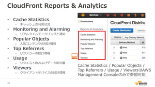 CloudFront Reports & Analytics
• Cache Statistics
– キャッシュの利用状況
• Monitoring and Alarming
– リアルタイムモニタリングと通知
• Popular Objects
– 人気コンテンツの統計情報
• Top Referrers
– リファラーの統計情報
• Usage
– リクエスト数およびデータ転送量
• Viewers
– クライアントデバイスの統計情報
Cache Statistics / Popular Objects /
Top Referrers / Usage / ViewersはAWS
Management Consoleのみで参照可能
45
 