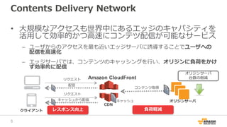 Contents Delivery Network
• 大規模なアクセスも世界中にあるエッジのキャパシティを
活用して効率的かつ高速にコンテツ配信が可能なサービス
– ユーザからのアクセスを最も近いエッジサーバに誘導することでユーザへの
配信を高速化
– エッジサーバでは、コンテンツのキャッシングを行い、オリジンに負荷をかけ
ず効率的に配信
オリジンサーバ
Amazon CloudFront
オリジンサーバ
台数の削減
レスポンス向上 負荷軽減
リクエスト
配信
リクエスト
キャッシュから配信 キャッシュ
コンテンツ取得
CDN
クライアント
5
 