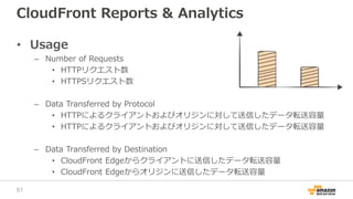 CloudFront Reports & Analytics
• Usage
– Number of Requests
• HTTPリクエスト数
• HTTPSリクエスト数
– Data Transferred by Protocol
• HTTPによるクライアントおよびオリジンに対して送信したデータ転送容量
• HTTPによるクライアントおよびオリジンに対して送信したデータ転送容量
– Data Transferred by Destination
• CloudFront Edgeからクライアントに送信したデータ転送容量
• CloudFront Edgeからオリジンに送信したデータ転送容量
51
 