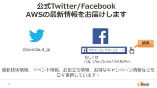 公式Twitter/Facebook
AWSの最新情報をお届けします
@awscloud_jp
検索
最新技術情報、イベント情報、お役立ち情報、お得なキャンペーン情報などを
日々更新しています！
もしくは
http://on.fb.me/1vR8yWm
73
 