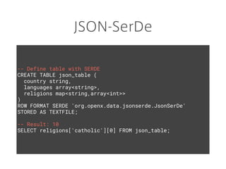JSON-SerDe
-- Define table with SERDE
CREATE TABLE json_table (
country string,
languages array<string>,
religions map<string,array<int>>
)
ROW FORMAT SERDE 'org.openx.data.jsonserde.JsonSerDe'
STORED AS TEXTFILE;
-- Result: 10
SELECT religions['catholic'][0] FROM json_table;
 