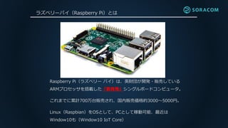 ラズベリーパイ（Raspberry Pi）とは
Raspberry Pi（ラズベリー パイ）は、英財団が開発・販売している
ARMプロセッサを搭載した「教育用」シングルボードコンピュータ。
これまでに累計700万台販売され、国内販売価格約3000～5000円。
Linux（Raspbian）をOSとして、PCとして稼動可能、最近は
Window10も（Window10 IoT Core）
 