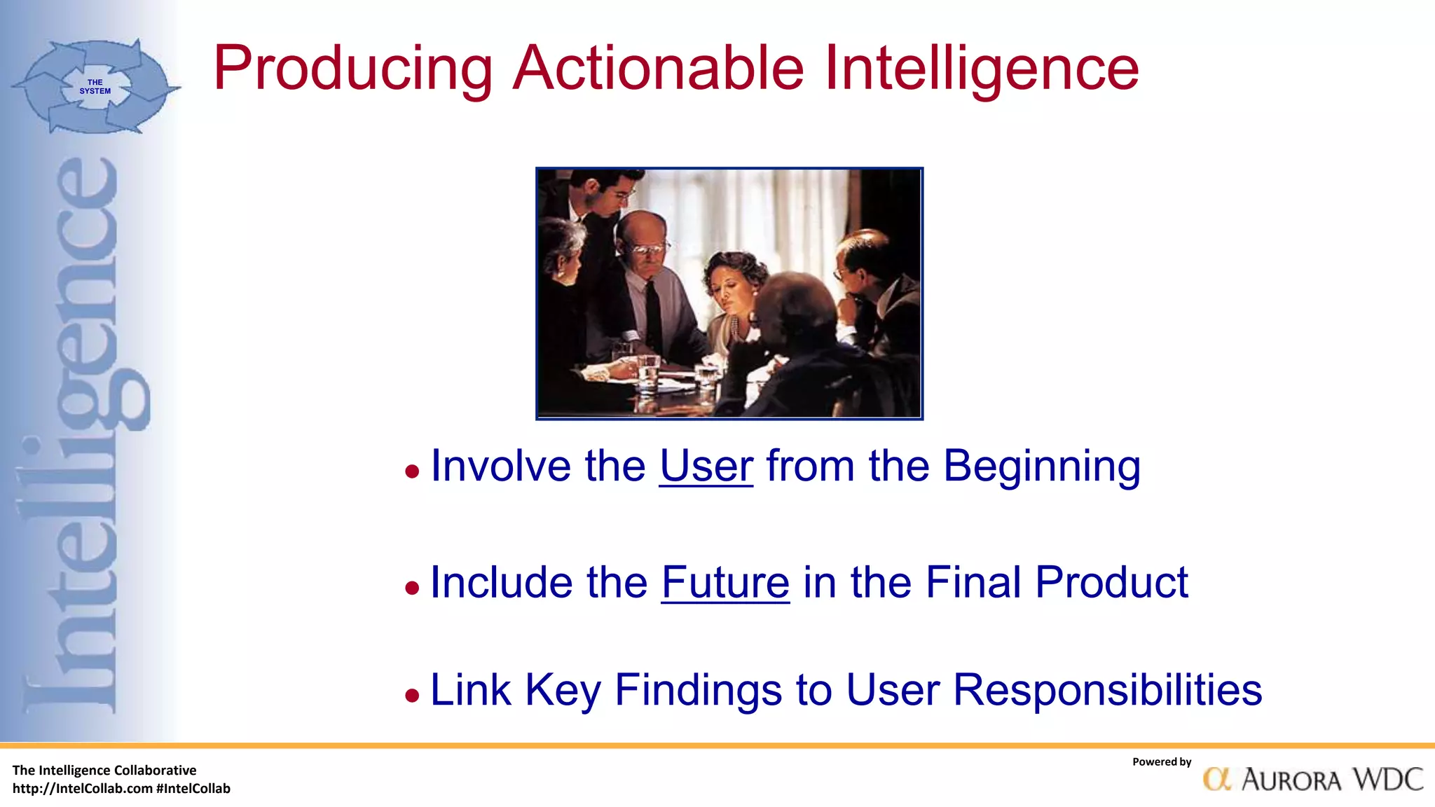 The Intelligence Collaborative
http://IntelCollab.com #IntelCollab
Powered by
THE
SYSTEM
•Involve the User from the Beginning
•Include the Future in the Final Product
•Link Key Findings to User Responsibilities
Producing Actionable Intelligence
 