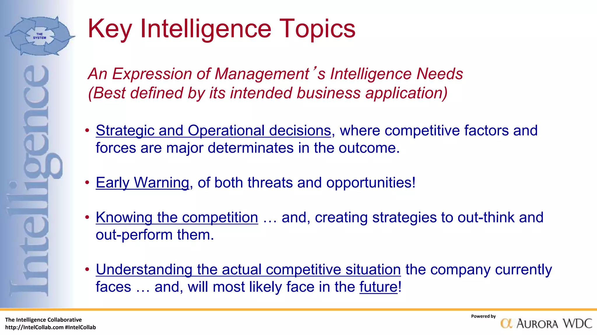 The Intelligence Collaborative
http://IntelCollab.com #IntelCollab
Powered by
THE
SYSTEM
• Strategic and Operational decisions, where competitive factors and
forces are major determinates in the outcome.
• Early Warning, of both threats and opportunities!
• Knowing the competition … and, creating strategies to out-think and
out-perform them.
• Understanding the actual competitive situation the company currently
faces … and, will most likely face in the future!
An Expression of Management’s Intelligence Needs
(Best defined by its intended business application)
Key Intelligence Topics
 