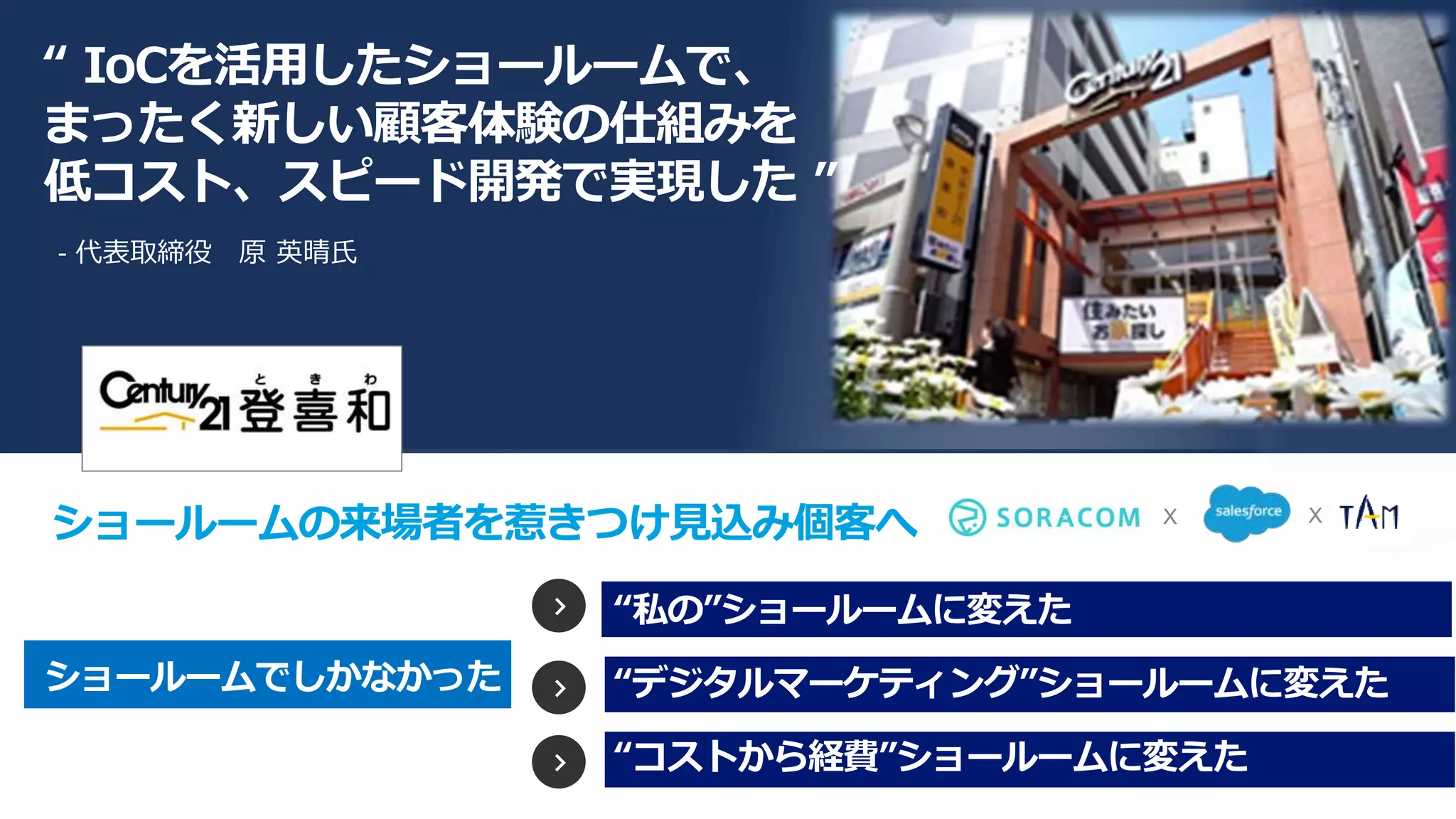 “ IoCを活用したショールームで、
まったく新しい顧客体験の仕組みを
低コスト、スピード開発で実現した ”
ショールームの来場者を惹きつけ見込み個客へ
- 代表取締役 原 英晴氏
XX
ショールームでしかなかった
“私の”ショールームに変えた
“デジタルマーケティング”ショールームに変えた
“コストから経費”ショールームに変えた
 