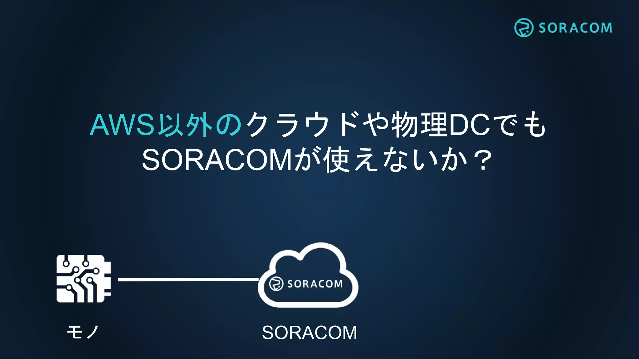 AWS以外のクラウドや物理DCでも
SORACOMが使えないか？
SORACOMモノ
 
