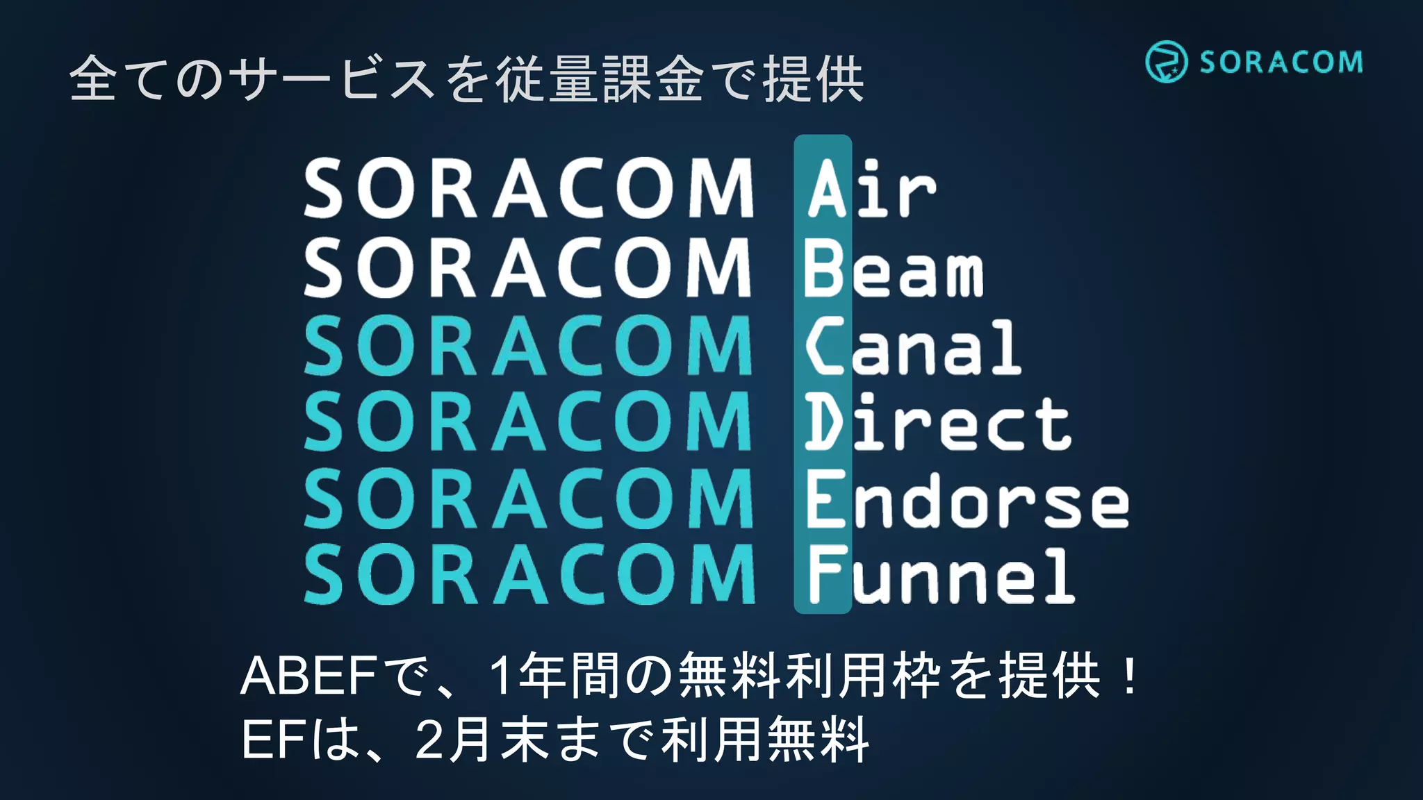 全てのサービスを従量課金で提供
ABEFで、1年間の無料利用枠を提供！
EFは、2月末まで利用無料
 