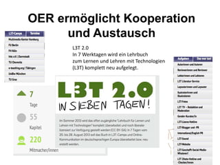 OER ermöglicht Kooperation
und Austausch
L3T 2.0
In 7 Werktagen wird ein Lehrbuch
zum Lernen und Lehren mit Technologien
(L3T) komplett neu aufgelegt.
 