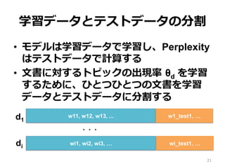 ѧǩ`ȥƥȥǩ`ηָ
?? ǥѧǩ`ѧPerplexity ?
ϥƥȥǩ`Ӌ㤹
?? ?ĕˌȥԥåγF ?d ѧ
뤿ˡҤȤĤҤȤĤ?ĕѧ
ǩ`ȥƥȥǩ`˷ָ
21
w11, w12, w13, ...
wi1, wi2, wi3, 
d1
di
???
w1_test1, 
wi_test1, 
 