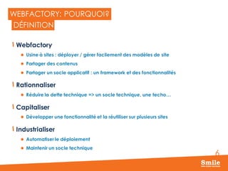 6
WEBFACTORY: POURQUOI?
Webfactory
 Usine à sites : déployer / gérer facilement des modèles de site
 Partager des contenus
 Partager un socle applicatif : un framework et des fonctionnalités
Rationnaliser
 Réduire la dette technique => un socle technique, une techo…
Capitaliser
 Développer une fonctionnalité et la réutiliser sur plusieurs sites
Industrialiser
 Automatiser le déploiement
 Maintenir un socle technique
DÉFINITION
 