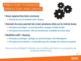 7
WEBFACTORY: POURQUOI?
Deux approches bien connues
 Domain Access VS Multisite natif + Deploy
Domain Access permet de créer plusieurs sites sur la même base
 Principaux avantages : un seul backoffice, partage d’entités facilité
 Principaux inconvénients : sites iso-fonctionnels, scalabilité du mono-base
Multisite natif + Deploy
 Principaux avantages : partage du socle technique, sites hétérogènes
 Principaux inconvénients : un backoffice par site, partage de contenus complexe
WEBFACTORY AVEC DRUPAL
Nous avons privilégié l’utilisation du multisite natif dans la conception de
la Drupal Webfactory
 