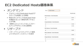 EC2 Dedicated Hosts価格体系
• オンデマンド
 アカウント内でDedicated Hostがア
クティブな時間による課金
 特定のオンデマンドDedicated Host
を開放することで課金を終了するこ
とが可能
 長期のコミットメントなしにスケー
ルアップやダウンできる柔軟性
 リザーブド
• リザーブドによりオンデマンド価格
より70%のディスカウントを提供
 