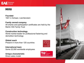 Hilti
Founded
1941 in Schaan, Liechtenstein
Family owned company
All shares and participation certificates are held by the...