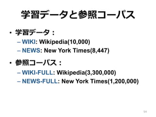 学習データと参照コーパス
•  学習データ：
– WIKI: Wikipedia(10,000)
– NEWS: New York Times(8,447)
•  参照コーパス：
– WIKI-FULL: Wikipedia(3,300,000)
– NEWS-FULL: New York Times(1,200,000)
54
 