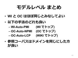 モデルレベル  まとめ
•  WI と OC はほぼ同じとみなしてよい
•  以下の⼿手法のどれも良良い
– WI-Auto-PMI (WI でトップ)
– OC-Auto-NPMI (OC でトップ)
– OC-Auto-LCP (WIKI  でトップ)
•  参照コーパスはドメインを同じにした⽅方
が良良い
61
 