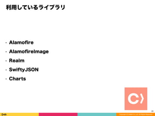 Copyright (C) DeNA Co.,Ltd. All Rights Reserved.
利用しているライブラリ
⁃ Alamoﬁre
⁃ AlamoﬁreImage
⁃ Realm
⁃ SwiftyJSON
⁃ Charts
33
 