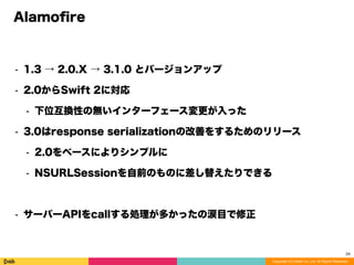 Copyright (C) DeNA Co.,Ltd. All Rights Reserved.
Alamoﬁre
⁃ 1.3 → 2.0.X → 3.1.0 とバージョンアップ
⁃ 2.0からSwift 2に対応
⁃ 下位互換性の無いインターフェース変更が入った
⁃ 3.0はresponse serializationの改善をするためのリリース
⁃ 2.0をベースによりシンプルに
⁃ NSURLSessionを自前のものに差し替えたりできる
⁃ サーバーAPIをcallする処理が多かったの涙目で修正
34
 