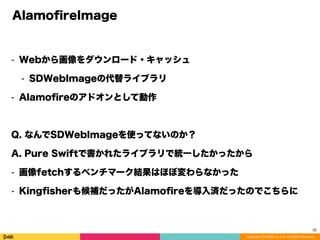 Copyright (C) DeNA Co.,Ltd. All Rights Reserved.
AlamoﬁreImage
⁃ Webから画像をダウンロード・キャッシュ
⁃ SDWebImageの代替ライブラリ
⁃ Alamoﬁreのアドオンとして動作
Q. なんでSDWebImageを使ってないのか？
A. Pure Swiftで書かれたライブラリで統一したかったから
⁃ 画像fetchするベンチマーク結果はほぼ変わらなかった
⁃ Kingﬁsherも候補だったがAlamoﬁreを導入済だったのでこちらに
35
 