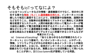 そもそもIoTってなによ？
IoTとは？コンピュータなどの情報・通信機器だけでなく、世の中に存
在する様々な物体（モノ）に通信機能を持たせ、インターネットに接
続したり相互に通信することにより、自動認識や自動制御、遠隔計測
などを行うこと。自動車の位置情報をリアルタイムに集約して渋滞情
報を配信するシステムや、人間の検針員に代わって電力メーターが電
力会社と通信して電力使用量を申告するスマートメーター、大型の機
械などにセンサーと通信機能を内蔵して稼働状況や故障箇所、交換が
必要な部品などを製造元がリアルタイムに把握できるシステムなどが
考案されている。
IoE （Internet of Everything）「ありとあらゆるものが接続されたイン
ターネット」という意味で、モノのインターネットと、人やデータ、
情報、ソフトウェアなどが中心の従来からあるインターネットが統合
された姿を指す。とはいえ、従来のインターネットとの違いはモノが
接続されている点であるため、実際上はIoTとほぼ同義として用いられ
ることが多い。主にCisco Systems社が提唱している用語。
 