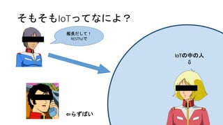 そもそもIoTってなによ？
IoTの中の人
⇩
艦長だして！
RESTfulで
⇐らずぱい
 