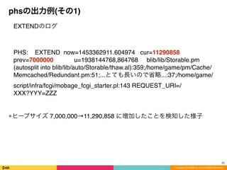 Copyright (C) DeNA Co.,Ltd. All Rights Reserved.
phsの出力例(その1)
EXTENDのログ
PHS: EXTEND now=1453362911.604974 cur=11290858
prev=7000000 u=1938144768,864768 blib/lib/Storable.pm
(autosplit into blib/lib/auto/Storable/thaw.al):359;/home/game/pm/Cache/
Memcached/Redundant.pm:51;...とても長いので省略...:37;/home/game/
script/infra/fcgi/mobage_fcgi_starter.pl:143 REQUEST_URI=/
XXX?YYY=ZZZ
•ヒープサイズ 7,000,000→11,290,858 に増加したことを検知した様子
23
 