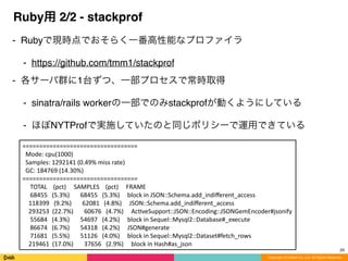 Copyright (C) DeNA Co.,Ltd. All Rights Reserved.
Ruby用 2/2 - stackprof
⁃ Rubyで現時点でおそらく一番高性能なプロファイラ
⁃ https://github.com/tmm1/stackprof
⁃ 各サーバ群に1台ずつ、一部プロセスで常時取得
⁃ sinatra/rails workerの一部でのみstackprofが動くようにしている
⁃ ほぼNYTProfで実施していたのと同じポリシーで運用できている
29
==================================	
  
	
  	
  Mode:	
  cpu(1000)	
  
	
  	
  Samples:	
  1292141	
  (0.49%	
  miss	
  rate)	
  
	
  	
  GC:	
  184769	
  (14.30%)	
  
==================================	
  
	
  	
  	
  	
  	
  TOTAL	
  	
  	
  	
  (pct)	
  	
  	
  	
  	
  SAMPLES	
  	
  	
  	
  (pct)	
  	
  	
  	
  	
  FRAME	
  
	
  	
  	
  	
  	
  68455	
  	
  	
  (5.3%)	
  	
  	
  	
  	
  	
  	
  68455	
  	
  	
  (5.3%)	
  	
  	
  	
  	
  block	
  in	
  JSON::Schema.add_indiﬀerent_access	
  
	
  	
  	
  	
  118399	
  	
  	
  (9.2%)	
  	
  	
  	
  	
  	
  	
  62081	
  	
  	
  (4.8%)	
  	
  	
  	
  	
  JSON::Schema.add_indiﬀerent_access	
  
	
  	
  	
  	
  293253	
  	
  (22.7%)	
  	
  	
  	
  	
  	
  	
  60676	
  	
  	
  (4.7%)	
  	
  	
  	
  	
  Ac8veSupport::JSON::Encoding::JSONGemEncoder#jsonify	
  
	
  	
  	
  	
  	
  55684	
  	
  	
  (4.3%)	
  	
  	
  	
  	
  	
  	
  54697	
  	
  	
  (4.2%)	
  	
  	
  	
  	
  block	
  in	
  Sequel::Mysql2::Database#_execute	
  
	
  	
  	
  	
  	
  86674	
  	
  	
  (6.7%)	
  	
  	
  	
  	
  	
  	
  54318	
  	
  	
  (4.2%)	
  	
  	
  	
  	
  JSON#generate	
  
	
  	
  	
  	
  	
  71681	
  	
  	
  (5.5%)	
  	
  	
  	
  	
  	
  	
  51126	
  	
  	
  (4.0%)	
  	
  	
  	
  	
  block	
  in	
  Sequel::Mysql2::Dataset#fetch_rows	
  
	
  	
  	
  	
  219461	
  	
  (17.0%)	
  	
  	
  	
  	
  	
  	
  37656	
  	
  	
  (2.9%)	
  	
  	
  	
  	
  block	
  in	
  Hash#as_json
 