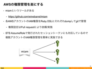Copyright (C) DeNA Co.,Ltd. All Rights Reserved.
AWSの権限管理を楽にする
⁃ miamというツールがある
⁃ https://github.com/winebarrel/miam
⁃ 各AWSアカウントのIAM権限をRuby DSLにそれぞれdumpしてgitで管理
⁃ 権限設定はPull requestにより依頼/実施
⁃ STS AssumeRoleで発行されたセッショントークンにも対応しているので
複数アカウントのIAM権限管理を簡単に実施できる
33
miam
 