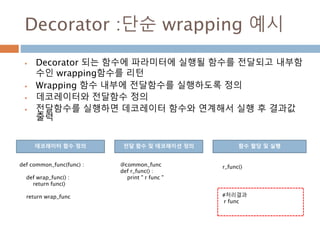Decorator :단순 wrapping 예시
 Decorator 되는 함수에 파라미터에 실행될 함수를 전달되고 내부함
수인 wrapping함수를 리턴
 Wrapping 함수 내부에 전달함수를 실행하도록 정의
 데코레이터와 전달함수 정의
 전달함수를 실행하면 데코레이터 함수와 연계해서 실행 후 결과값
출력
def common_func(func) :
def wrap_func() :
return func()
return wrap_func
@common_func
def r_func() :
print " r func "
데코레이터 함수 정의 전달 함수 및 데코레이션 정의 함수 할당 및 실행
r_func()
#처리결과
r func
 