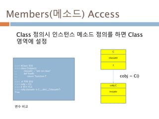 Members(메소드) Access
Class 정의시 인스턴스 메소드 정의를 하면 Class
영역에 설정
>>> #Class 생성
>>> class C(object):
... classattr = "attr on class“
... def f(self):
... return "function f"
...
>>> # 객체 생성
>>> cobj = C()
>>> # 변수 비교
>>> cobj.classattr is C.__dict__['classattr']
True
변수 비교
C
classattr
f
cobj:C
instattr
cobj = C()
 